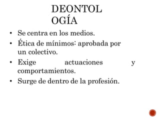 DEONTOL
OGÍA
• Se centra en los medios.
• Ética de mínimos: aprobada por
un colectivo.
• Exige actuaciones y
comportamientos.
• Surge de dentro de la profesión.
 
