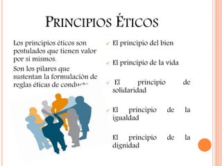 PRINCIPIOS ÉTICOS
Los principios éticos son
postulados que tienen valor
por sí mismos.
Son los pilares que
sustentan la formulación de
reglas éticas de conducta.
 El principio del bien
 El principio de la vida
 El principio de
solidaridad
 El principio de la
igualdad
 El principio de la
dignidad
 