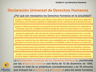 Unidad 4: Los Derechos Humanos



Declaración Universal de Derechos Humanos
   ¿Por qué son necesarios los Derechos Humanos en la actualidad?
    porque la libertad, la justicia y paz tienen como base el reconocimiento de la dignidad
    intrínseca y de derechos iguales e inalienables de los miembros de la familia humana

    porque el desconocimiento y menosprecio de los Derechos Humanos ha originado en
     el pasado actos de verdadera barbarie ultrajantes para la humanidad en su conjunto

    porque la aspiración más elevada de la humanidad es el advenimiento de un mundo
    en el que todos los seres humanos disfruten de su libertad de palabra y de creencias

    porque es esencial que los derechos sean protegidos por un régimen de derecho que
    garantice el recurso de los seres humanos a la rebelión contra la tiranía y la opresión

    porque resulta esencial promover relaciones amistosas entre las distintas naciones,
    y el compromiso de todos de cooperar entre sí y con esta Organización de Naciones

     porque una concepción común de estos derechos y estas libertades fundamentales
    es de la mayor importancia para el pleno cumplimiento de este compromiso conjunto

   La «Declaración Universal de los Derechos Humanos», proclamada
   por las «Naciones Unidas» con fecha de 10 de diciembre de 1948,
   consta en total de un preámbulo (consideraciones) y de 30 artículos
   que incluyen los «derechos» y «libertades» para los seres humanos
 