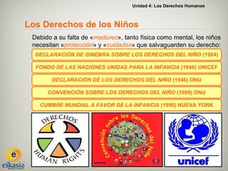 Unidad 4: Los Derechos Humanos



Los Derechos de los Niños
 Debido a su falta de «madurez», tanto física como mental, los niños
 necesitan «protección» y «cuidados» que salvaguarden su derecho:
  DECLARACIÓN DE GINEBRA SOBRE LOS DERECHOS DEL NIÑO (1924)

  FONDO DE LAS NACIONES UNIDAS PARA LA INFANCIA (1946) UNICEF

       DECLARACIÓN DE LOS DERECHOS DEL NIÑO (1946) ONU

      CONVENCIÓN SOBRE LOS DERECHOS DEL NIÑO (1989) ONU

   CUMBRE MUNDIAL A FAVOR DE LA INFANCIA (1990) NUEVA YORK
 
