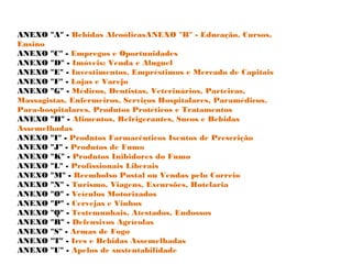 ANEXO "A" - Bebidas AlcoólicasANEXO "B" - Educação, Cursos,
Ensino
ANEXO "C" - Empregos e Oportunidades
ANEXO "D" - Imóveis: Venda e Aluguel
ANEXO "E" - Investimentos, Empréstimos e Mercado de Capitais
ANEXO "F" - Lojas e Varejo
ANEXO "G" - Médicos, Dentistas, Veterinários, Parteiras,
Massagistas, Enfermeiros, Serviços Hospitalares, Paramédicos,
Para-hospitalares, Produtos Protéticos e Tratamentos
ANEXO "H" - Alimentos, Refrigerantes, Sucos e Bebidas
Assemelhadas
ANEXO "I" - Produtos Farmacêuticos Isentos de Prescrição
ANEXO "J" - Produtos de Fumo
ANEXO "K" - Produtos Inibidores do Fumo
ANEXO "L" - Profissionais Liberais
ANEXO "M" - Reembolso Postal ou Vendas pelo Correio
ANEXO "N" - Turismo, Viagens, Excursões, Hotelaria
ANEXO "O" - Veículos Motorizados
ANEXO "P" - Cervejas e Vinhos
ANEXO "Q" - Testemunhais, Atestados, Endossos
ANEXO "R" - Defensivos Agrícolas
ANEXO "S" - Armas de Fogo
ANEXO "T" - Ices e Bebidas Assemelhadas
ANEXO "U" - Apelos de sustentabilidade
 