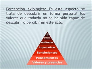    Percepción axiológica: Es este aspecto se
    trata de descubrir en forma personal los
    valores que todavía no se ha sido capaz de
    descubrir o percibir en este acto.
 
