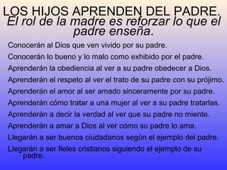 LOS HIJOS APRENDEN DEL PADRE.  El rol de la madre es reforzar lo que el padre enseña . Conocerán al Dios que ven vivido por su padre. Conocerán lo bueno y lo malo como exhibido por el padre. Aprenderán la obediencia al ver a su padre obedecer a Dios. Aprenderán el respeto al ver el trato de su padre con su prójimo. Aprenderán el amor al ser amado sinceramente por su padre. Aprenderán cómo tratar a una mujer al ver a su padre tratarlas. Aprenderán a decir la verdad al ver que su padre no miente.  Aprenderán a amar a Dios al ver cómo su padre lo ama.  Llegarán a ser buenos ciudadanos según el ejemplo del padre. Llegarán a ser fieles cristianos siguiendo el ejemplo de su padre. 