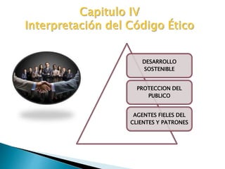 DESARROLLO
SOSTENIBLE
PROTECCION DEL
PUBLICO
AGENTES FIELES DEL
CLIENTES Y PATRONES
 