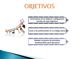 Concientizar de los deberes y obligaciones
morales de cada ingeniero.
Guiar a los profesionales en su trabajo diario
Adoptar conjuntos de principios
fundamentales para ejecutarse
 