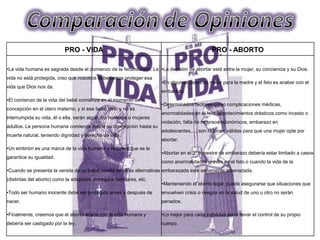 PRO - VIDA                                                        PRO - ABORTO

•La vida humana es sagrada desde el comienzo de la fecundación. La •La decisión de abortar está entre la mujer, su conciencia y su Dios.
vida no está protegida, creo que nosotros deberíamos proteger esa
                                                                      •En algunos casos, lo mejor para la madre y el feto es acabar con el
vida que Dios nos da.
                                                                      embarazo.
•El comienzo de la vida del bebé comienza en el momento de la
                                                                      •Determinados factores como complicaciones médicas,
concepción en el útero materno, y si ese bebé vive, y no es
                                                                      anormalidades en el feto, acontecimientos drásticos como incesto o
interrumpida su vida, él o ella, serán algún día hombres o mujeres
                                                                      violación, falta de recursos económicos, embarazo en
adultos. La persona humana comienza desde su concepción hasta su
                                                                      adolescentes,...; son razones válidas para que una mujer opte por
muerte natural, teniendo dignidad y derecho de vida.
                                                                      abortar.
•Un embrión es una marca de la vida humana y requiere que se le
                                                                      •Abortar en el 3º trimestre de embarazo debería estar limitado a casos
garantice su igualdad.
                                                                      como anormalidades graves en el feto o cuando la vida de la
•Cuando se presenta la venida de un bebé, confió en otras alternativas embarazada esté seriamente amenazada.
(distintas del aborto) como la adopción, entrega a familiares, etc.
                                                                      •Manteniendo el aborto legal, puede asegurarse que situaciones que
•Todo ser humano inocente debe ser protegido antes y después de       envuelven crisis o riesgos en la salud de uno u otro no serán
nacer.                                                                penados.

•Finalmente, creemos que el aborto acaba con la vida humana y         •Lo mejor para cada individuo sería llevar el control de su propio
debería ser castigado por la ley.                                     cuerpo.
 