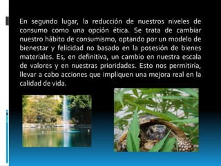 En segundo lugar, la reducción de nuestros niveles de
consumo como una opción ética. Se trata de cambiar
nuestro hábito de consumismo, optando por un modelo de
bienestar y felicidad no basado en la posesión de bienes
materiales. Es, en definitiva, un cambio en nuestra escala
de valores y en nuestras prioridades. Esto nos permitiría,
llevar a cabo acciones que impliquen una mejora real en la
calidad de vida.
 