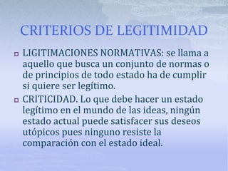CRITERIOS DE LEGITIMIDAD
 LIGITIMACIONES NORMATIVAS: se llama a
aquello que busca un conjunto de normas o
de principios de todo estado ha de cumplir
si quiere ser legítimo.
 CRITICIDAD. Lo que debe hacer un estado
legítimo en el mundo de las ideas, ningún
estado actual puede satisfacer sus deseos
utópicos pues ninguno resiste la
comparación con el estado ideal.
 