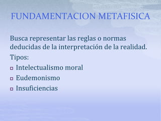 FUNDAMENTACION METAFISICA
Busca representar las reglas o normas
deducidas de la interpretación de la realidad.
Tipos:
 Intelectualismo moral
 Eudemonismo
 Insuficiencias
 