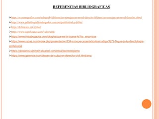 REFERENCIAS BIBLIOGRAFICAS
https://m.monografias.com/trabajos84/diferencias-semejanzas-moral-derecho/diferencias-semejanzas-moral-derecho.shtml
https://www.palladinopellonabogados.com/antijuridicidad-y-delito/
https://definicion.mx/virtud/
https://www.significados.com/valor/amp/
https://www.misabogados.com/blog/es/que-es-la-buena-fe?hs_amp=true
https://www.cscae.com/index.php/presentacion/234-conoce-cscae/articulos-codigo/3972-0-que-es-la-deontologia-
profesional
https://glosarios.servidor-alicante.com/etica/deontologismo
https://www.gerencie.com/clases-de-culpa-en-derecho-civil.html/amp
 