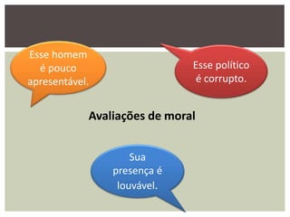 Avaliações de moral
Esse político
é corrupto.
Esse homem
é pouco
apresentável.
Sua
presença é
louvável.
 