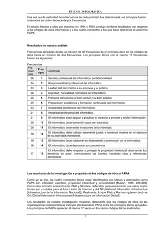 ÉTICA E INFORMÁTICA
5
Una vez que la asiduidad de la frecuencia de cada principio fue determinada, los principios fueron
ordenados en orden decreciente por frecuencias.
El estudio llevado a cabo por nosotros en 1994 y 1995, produjo similares resultados con respecto
a los códigos de ética informática y a los cuatro conceptos a los que hace referencia el acrónimo
PAPA.
Resultados de nuestro análisis
Frecuencias alineadas desde un máximo de 36 frecuencias de un principio ético en los códigos de
ética hasta un mínimo de dos frecuencias. Los principios éticos con al menos 17 frecuencias
fueron los siguientes:
Frecuencias
Fre-
cuen-
cias
Prin-
cipio
Contenido
36 1 Secreto profesional del informático, confidencialidad.
34 2 Responsabilidad profesional del informático.
33 3 Lealtad del informático a su empresa y al público.
26 4 Dignidad, honestidad, honradez del informático.
25 5 Primacía del servicio al bien común y al bien público
25 6 Preparación académica y formación continuada del informático.
23 7 Solidaridad profesional del informático.
21 8 Integridad profesional del informático.
21 9 El informático debe apoyar y practicar el derecho a proveer y recibir información.
20 10 El informático debe transmitir datos con exactitud.
20 11 El informático debe evitar invasiones de la intimidad.
19 12
El informático debe utilizar solamente justos y honestos medios en el ejercicio
de su actividad profesional.
19 13 El informático debe colaborar en el desarrollo y promoción de la Informática.
18 14 El informático debe demostrar su competencia.
17 15
El informático debe respetar y proteger la propiedad intelectual observando los
derechos de autor, mencionando las fuentes, haciendo citas y referencias
apropiadas.
Los resultados de la investigación a propósito de los códigos de ética y PAPA
Como ya se dijo, los cuatro conceptos éticos clave identificados por Mason y abreviados como
PAPA son intimidad, exactitud, propiedad intelectual y accesibilidad (Mason, 1986: 486-498).
Como está indicado anteriormente, Platt y Morrison defienden persuasivamente que estos cuatro
temas son cruciales para el futuro éxito de Internet y del NII (National Information Infrastructure
[Infraestructura de la Información Nacional]). Realmente, lo que Platt y Morrison quieren decir es
GII (Global Information Infrastructure [Infraestructura de Información Global]).
Los resultados de nuestra investigación muestran claramente que los códigos de ética de las
organizaciones representativas incluyen efectivamente PAPA entre los principios éticos apoyados.
Los principios de PAPA aparecen al menos 17 veces en los varios códigos éticos analizados.
 