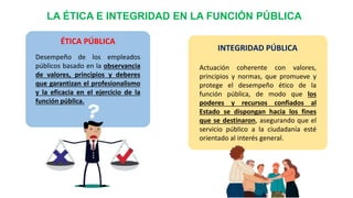 LA ÉTICA E INTEGRIDAD EN LA FUNCIÓN PÚBLICA
ÉTICA PÚBLICA
Desempeño de los empleados
públicos basado en la observancia
de valores, principios y deberes
que garantizan el profesionalismo
y la eficacia en el ejercicio de la
función pública.
INTEGRIDAD PÚBLICA
Actuación coherente con valores,
principios y normas, que promueve y
protege el desempeño ético de la
función pública, de modo que los
poderes y recursos confiados al
Estado se dispongan hacia los fines
que se destinaron, asegurando que el
servicio público a la ciudadanía esté
orientado al interés general.
 