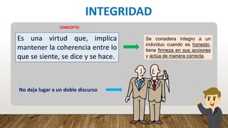INTEGRIDAD
Es una virtud que, implica
mantener la coherencia entre lo
que se siente, se dice y se hace.
Se considera íntegro a un
individuo cuando es honesto,
tiene firmeza en sus acciones
y actúa de manera correcta.
No deja lugar a un doble discurso
CONCEPTO
 