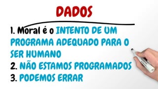 1. Moral é o INTENTO DE UM
PROGRAMA ADEQUADO PARA O
SER HUMANO
2. NÃO ESTAMOS PROGRAMADOS
3. PODEMOS ERRAR
DADOS
 
