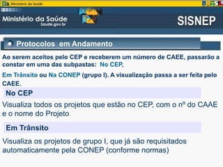 Protocolos em Andamento
No CEP
Visualiza todos os projetos que estão no CEP, com o nº do CAAE
e o nome do Projeto
Em Trânsito
Visualiza os projetos de grupo I, que já são requisitados
automaticamente pela CONEP (conforme normas)
Ao serem aceitos pelo CEP e receberem um número de CAEE, passarão a
constar em uma das subpastas: No CEP,
Em Trânsito ou Na CONEP (grupo I). A visualização passa a ser feita pelo
CAEE.
 