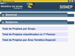 Gerencial
Relatórios
Total de Projetos por Grupo
Total de Projetos classificados no 1º Parecer
Total de Projetos por Área Temática Especial
 