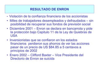 RESULTADO DE ENRON
•

•
•
•

•

Violación de la confianza financiera de los accionistas
Miles de trabajadores desempleados y defraudados – sin
posibilidad de recuperar sus fondos de previsión social
Diciembre 2001 – Enron se declara en bancarrota y pide
la protección bajo Capitulo 11 de la Ley de Quiebras de
USA
Inversionistas que se confiaron en los estados
financieros perdieron sus ahorros de ver las acciones
pasar de un precio de US $84.85 a 5 centavos a
principios de 2002
Enero 2002 – Clifford Baxter – Vice Presidente del
Directorio de Enron se suicida

 