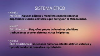 SISTEMA ETICO
• Nivel 1
Pre-Ética: Algunos pájaros y mamíferos manifiestan unas
disposiciones sociales naturales que prefiguran la ética humana.
• Nivel 2
Ético-Fundante: Pequeños grupos de hombres primitivos
trashumantes asumen sistemas éticos incipientes
• Nivel 3
Ético-Constitutivo: Sociedades humanas estables definen virtudes y
tipos de conductas deseables reprochables.
 