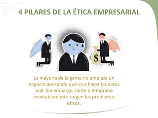 4 PILARES DE LA ÉTICA EMPRESARIAL
La mayoría de la gente no empieza un
negocio pensando que va a hacer las cosas
mal. Sin embargo, tarde o temprano
inevitablemente surgen los problemas
éticos.
 