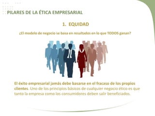 PILARES DE LA ÉTICA EMPRESARIAL
1. EQUIDAD
¿El modelo de negocio se basa en resultados en lo que TODOS ganan?
El éxito empresarial jamás debe basarse en el fracaso de los propios
clientes. Uno de los principios básicos de cualquier negocio ético es que
tanto la empresa como los consumidores deben salir beneficiados.
 