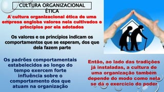 CULTURA ORGANIZACIONAL
ÉTICA
A cultura organizacional ética de uma
empresa engloba valores nela cultivados e
princípios por ela adotados
Os valores e os princípios indicam os
comportamentos que se esperam, dos que
dela fazem parte
Os padrões comportamentais
estabelecidos ao longo do
tempo exercem forte
influência sobre o
comportamento dos que
atuam na organização
Então, ao lado das tradições
já instaladas, a cultura de
uma organização também
depende do modo como nela
se dá o exercício do poder
 