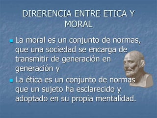DIRERENCIA ENTRE ETICA Y
MORAL
 La moral es un conjunto de normas,
que una sociedad se encarga de
transmitir de generación en
generación y
 La ética es un conjunto de normas
que un sujeto ha esclarecido y
adoptado en su propia mentalidad.
 