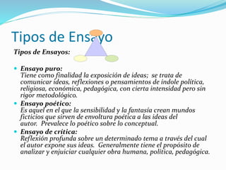 Tipos de Ensayo
Tipos de Ensayos:
 Ensayo puro:
Tiene como finalidad la exposición de ideas; se trata de
comunicar ideas, reflexiones o pensamientos de índole política,
religiosa, económica, pedagógica, con cierta intensidad pero sin
rigor metodológico.
 Ensayo poético:
Es aquel en el que la sensibilidad y la fantasía crean mundos
ficticios que sirven de envoltura poética a las ideas del
autor. Prevalece lo poético sobre lo conceptual.
 Ensayo de crítica:
Reflexión profunda sobre un determinado tema a través del cual
el autor expone sus ideas. Generalmente tiene el propósito de
analizar y enjuiciar cualquier obra humana, política, pedagógica.
 