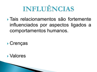  Tais relacionamentos são fortemente
influenciados por aspectos ligados a
comportamentos humanos.
 Crenças
 Valores
 