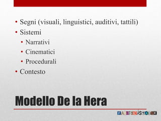 Modello De la Hera
• Segni (visuali, linguistici, auditivi, tattili)
• Sistemi
• Narrativi
• Cinematici
• Procedurali
• Contesto
 