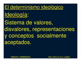 El determinismo ideológico
Ideología:
Sistema de valores,
disvalores, representaciones
y conceptos socialmente
aceptados.

  RODOLFO J. RODRÍGUEZ-R.-   http://cariari.ucr.ac.cr/~rodolfor/
 