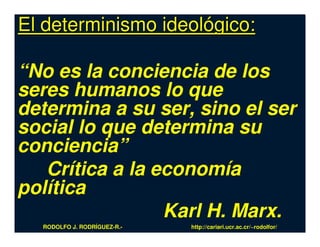 El determinismo ideológico:

“No es la conciencia de los
seres humanos lo que
determina a su ser, sino el ser
social lo que determina su
conciencia”
   Crítica a la economía
política
                 Karl H. Marx.
  RODOLFO J. RODRÍGUEZ-R.-   http://cariari.ucr.ac.cr/~rodolfor/
 