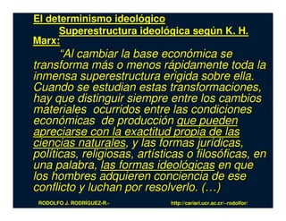 El determinismo ideológico
     Superestructura ideológica según K. H.
Marx:
      “Al cambiar la base económica se
transforma más o menos rápidamente toda la
inmensa superestructura erigida sobre ella.
Cuando se estudian estas transformaciones,
hay que distinguir siempre entre los cambios
materiales ocurridos entre las condiciones
económicas de producción que pueden
apreciarse con la exactitud propia de las
ciencias naturales, y las formas jurídicas,
políticas, religiosas, artísticas o filosóficas, en
una palabra, las formas ideológicas en que
los hombres adquieren conciencia de ese
conflicto y luchan por resolverlo. (…)
 RODOLFO J. RODRÍGUEZ-R.-     http://cariari.ucr.ac.cr/~rodolfor/
 