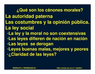 ¿Qué son los cánones morales?
La autoridad paterna
Las costumbres y la opinión pública.
La ley social
•La ley y la moral no son coextensivas
•Las leyes difieren de nación en nación
•Las leyes se derogan
•Leyes buenas malas, mejores y peores
•¿Claridad de las leyes?

   RODOLFO J. RODRÍGUEZ-R.-   http://cariari.ucr.ac.cr/~rodolfor/
 