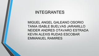 INTEGRANTES
MIGUEL ANGEL GALEANO OSORIO
TANIA ISABLE BUELVAS JARAMILLO
NEIDER ANDRES OTAVARO ESTRADA
KEVIN ALEXIS RUDAS ESCOBAR
EMMANUEL RAMIRES
 