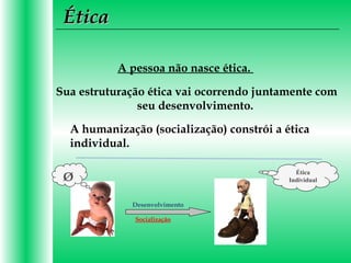 A pessoa não nasce ética.
Ética
Individual
ÉticaÉtica
Sua estruturação ética vai ocorrendo juntamente com
seu desenvolvimento.
A humanização (socialização) constrói a ética
individual.
Desenvolvimento
Socialização
Ø
 
