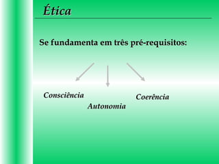 Se fundamenta em três pré-requisitos:Se fundamenta em três pré-requisitos:
ConsciênciaConsciência
AutonomiaAutonomia
CoerênciaCoerência
ÉticaÉtica
 