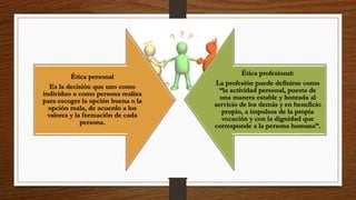 Ética personal
Es la decisión que uno como
individuo o como persona realiza
para escoger la opción buena o la
opción mala, de acuerdo a los
valores y la formación de cada
persona.
Ética profesional:
La profesión puede definirse como
“la actividad personal, puesta de
una manera estable y honrada al
servicio de los demás y en beneficio
propio, a impulsos de la propia
vocación y con la dignidad que
corresponde a la persona humana”.