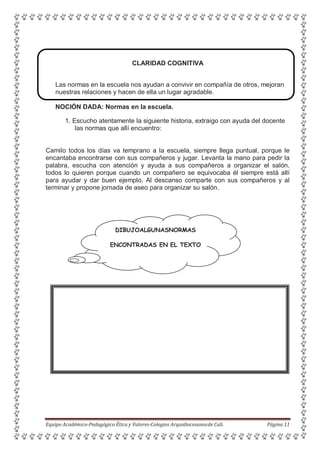 CLARIDAD COGNITIVA
Las normas en la escuela nos ayudan a convivir en compañía de otros, mejoran
nuestras relaciones y hacen de ella un lugar agradable.
NOCIÓN DADA: Normas en la escuela.
1. Escucho atentamente la siguiente historia, extraigo con ayuda del docente
las normas que allí encuentro:
Camilo todos los días va temprano a la escuela, siempre llega puntual, porque le
encantaba encontrarse con sus compañeros y jugar. Levanta la mano para pedir la
palabra, escucha con atención y ayuda a sus compañeros a organizar el salón,
todos lo quieren porque cuando un compañero se equivocaba él siempre está allí
para ayudar y dar buen ejemplo. Al descanso comparte con sus compañeros y al
terminar y propone jornada de aseo para organizar su salón.
DIBUJOALGUNASNORMAS
ENCONTRADAS EN EL TEXTO
Equipo Académico-Pedagógico Ética y Valores-Colegios Arquidiocesanosde Cali. Página 11
 
