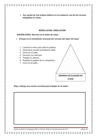  Con ayuda de mis padres elaboro en el cuaderno una de las normas
trabajadas en clase.
MODELACIÓN- SIMULACIÓN
NOCIÓN DADA: Normas en el salón de clase.
 Incluyo en el mentefacto nocional las normas del salón de clase.
1. Levanto la mano para pedir la palabra.
2. Interrumpo cuando la profesora habla.
3. Como en el salón.
4. Escucho con atención.
5. Trabajo en silencio.
6. Respeto la palabra de mi compañero.
7. Corro en el salón.
NORMAS EN ELSALÓN DE
CLASE
Elijo y dibujo una norma correcta para trabajar en el salón.
Equipo Académico-Pedagógico Ética y Valores-Colegios Arquidiocesanosde Cali. Página 18
 
