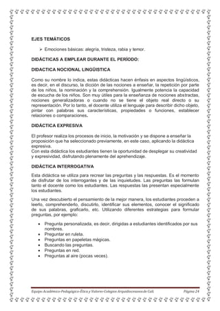 EJES TEMÁTICOS
 Emociones básicas: alegría, tristeza, rabia y temor.
DIDÁCTICAS A EMPLEAR DURANTE EL PERÍODO:
DIDACTICA NOCIONAL LINGÜISTICA
Como su nombre lo indica, estas didácticas hacen énfasis en aspectos lingüísticos,
es decir, en el discurso, la dicción de las nociones a enseñar, la repetición por parte
de los niños, la nominación y la comprehensión. Igualmente potencia la capacidad
de escucha de los niños. Son muy útiles para la enseñanza de nociones abstractas,
nociones generalizadoras o cuando no se tiene el objeto real directo o su
representación. Por lo tanto, el docente utiliza el lenguaje para describir dicho objeto,
pintar con palabras sus características, propiedades o funciones, establecer
relaciones o comparaciones.
DIDÁCTICA EXPRESIVA
El profesor realiza los procesos de inicio, la motivación y se dispone a enseñar la
proposición que ha seleccionado previamente, en este caso, aplicando la didáctica
expresiva.
Con esta didáctica los estudiantes tienen la oportunidad de desplegar su creatividad
y expresividad, disfrutando plenamente del aprehendizaje.
DIDÁCTICA INTERROGATIVA
Esta didáctica se utiliza para recrear las preguntas y las respuestas. Es el momento
de disfrutar de los interrogantes y de las inquietudes. Las preguntas las formulan
tanto el docente como los estudiantes. Las respuestas las presentan especialmente
los estudiantes.
Una vez descubierto el pensamiento de la mejor manera, los estudiantes proceden a
leerlo, comprehenderlo, discutirlo, identificar sus elementos, conocer el significado
de sus palabras, graficarlo, etc. Utilizando diferentes estrategias para formular
preguntas, por ejemplo:
 Pregunta personalizada, es decir, dirigidas a estudiantes identificados por sus
nombres.
 Preguntar en ruleta.
 Preguntas en papeletas mágicas.
 Buscando las preguntas.
 Preguntas en red.
 Preguntas al aire (pocas veces).
Equipo Académico-Pedagógico-Ética y Valores-Colegios Arquidiocesanosde Cali. Página 24
 