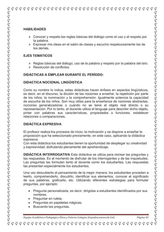 HABILIDADES
 Conocer y respeto las reglas básicas del diálogo como el uso y el respeto por
la palabra.
 Expresar mis ideas en el salón de clases y escucho respetuosamente las de
los demás.
EJES TEMÁTICOS
 Reglas básicas del diálogo, uso de la palabra y respeto por la palabra del otro.
 Resolución de conflictos.
DIDÁCTICAS A EMPLEAR DURANTE EL PERÍODO:
DIDACTICA NOCIONAL LINGÜISTICA
Como su nombre lo indica, estas didácticas hacen énfasis en aspectos lingüísticos,
es decir, en el discurso, la dicción de las nociones a enseñar, la repetición por parte
de los niños, la nominación y la comprehensión. Igualmente potencia la capacidad
de escucha de los niños. Son muy útiles para la enseñanza de nociones abstractas,
nociones generalizadoras o cuando no se tiene el objeto real directo o su
representación. Por lo tanto, el docente utiliza el lenguaje para describir dicho objeto,
pintar con palabras sus características, propiedades o funciones, establecer
relaciones o comparaciones.
DIDÁCTICA EXPRESIVA
El profesor realiza los procesos de inicio, la motivación y se dispone a enseñar la
proposición que ha seleccionado previamente, en este caso, aplicando la didáctica
expresiva.
Con esta didáctica los estudiantes tienen la oportunidad de desplegar su creatividad
y expresividad, disfrutando plenamente del aprehendizaje.
DIDÁCTICA INTERROGATIVA Esta didáctica se utiliza para recrear las preguntas y
las respuestas. Es el momento de disfrutar de los interrogantes y de las inquietudes.
Las preguntas las formulan tanto el docente como los estudiantes. Las respuestas
las presentan especialmente los estudiantes.
Una vez descubierto el pensamiento de la mejor manera, los estudiantes proceden a
leerlo, comprehenderlo, discutirlo, identificar sus elementos, conocer el significado
de sus palabras, graficarlo, etc. Utilizando diferentes estrategias para formular
preguntas, por ejemplo:
 Pregunta personalizada, es decir, dirigidas a estudiantes identificados por sus
nombres.
 Preguntar en ruleta.
 Preguntas en papeletas mágicas.
 Buscando las preguntas.
Equipo Académico-Pedagógico-Ética y Valores-Colegios Arquidiocesanosde Cali. Página 45
 