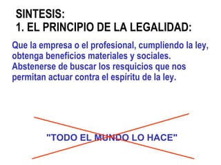 SINTESIS: 1. EL PRINCIPIO DE LA LEGALIDAD:   Que la empresa o el profesional, cumpliendo la ley, obtenga beneficios materiales y sociales. Abstenerse de buscar los resquicios que nos permitan actuar contra el espíritu de la ley. "TODO EL MUNDO LO HACE" 