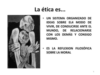 La ética es... UN SISTEMA ORGANIZADO DE IDEAS SOBRE EL  MODO DE VIVIR, DE CONDUCIRSE ANTE EL MUNDO, DE RELACIONARSE CON LOS DEMÁS Y CONSIGO MISMO. ES LA REFLEXION FILOSÓFICA SOBRE LA MORAL 