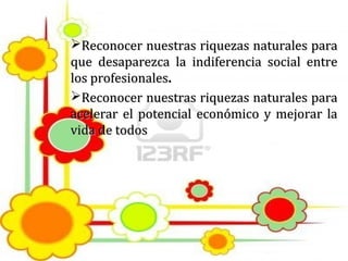 Reconocer nuestras riquezas naturales para
que desaparezca la indiferencia social entre
los profesionales.
Reconocer nuestras riquezas naturales para
acelerar el potencial económico y mejorar la
vida de todos
 