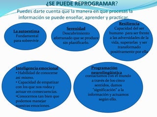¿SE PUEDE REPROGRAMAR?
Puedes darte cuenta que la manera en que procesas la
información se puede enseñar, aprender y practicar.
La autoestima
Fundamental
para sobrevivir .
Serenidad
Descubrimiento
afortunado que se produce
sin planificarlo.
Resiliencia
Capacidad del ser
humano para ser frente
a las adversidades de la
vida, superarlas y ser
transformado
positivamente por ella
Inteligencia emocional
• Habilidad de conocerse
así mismo.
• Capacidad de empatizar
con los que nos rodea y
actuar en consecuencias.
•Conocernos tan bien que
podemos manejar
nuestras emociones.
contactamos con el mundo
a través de los cinco
sentidos, damos
"significación" a la
información y actuamos
según ello.
Programación
neurolingüística
 