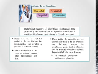Valores de un Ingeniero.
Honestidad
Integridad
Creatividad
Compromiso
Deberes del ingeniero: De acuerdo con los objetivos de la
profesión y las características del aspirante, se menciona a
continuación algunos elementos de la ética del ingeniero.
 Debe conocer la realidad
social, a fin de fabricar los
instrumentos que ayuden a
mejorar la vida del hombre
 Debe mantenerse al día
tanto en su área como en
otras relacionadas con
ella.
 Debe cuidar la precisión de los
diseños que hace y de los artículos
que fabrique, aunque las
excelencias pasen inadvertidas; ya
que los menores defectos afectan a
la comunidad y llevan al fracaso.
 Su conducta profesional
será honesta y honrada.
 