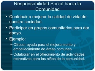 Responsabilidad Social hacia la Comunidad Contribuir a mejorar la calidad de vida de nuestra sociedad. Participar en grupos comunitarios para dar apoyo. Ejemplo: Ofrecer ayuda para el mejoramiento y embellecimiento de áreas comunes. Colaborar en el ofrecimiento de actividades recreativas para los niños de la comunidad. 