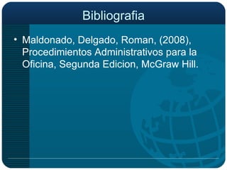 Bibliografia Maldonado, Delgado, Roman, (2008), Procedimientos Administrativos para la Oficina, Segunda Edicion, McGraw Hill. 