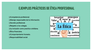 Competencia profesional.
Manejo responsable de la información.
Secreto profesional.
Respeto a los colegas.
La inclusión como practica cotidiana.
Ética financiera.
Comportamiento honesto.
Responsabilidad social.
 
